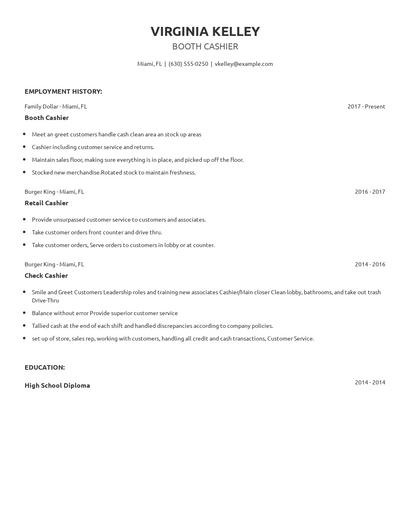 Booth Cashier Resume