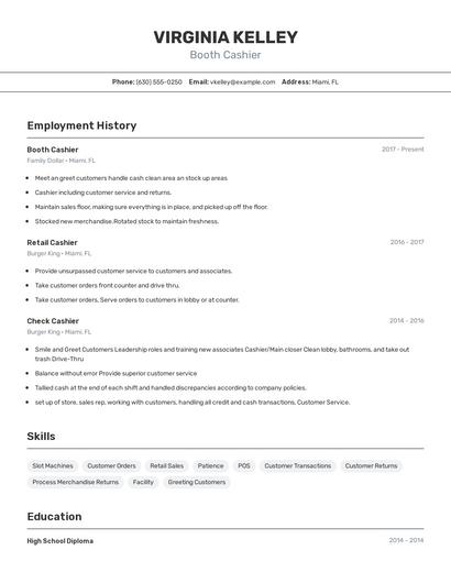 Booth Cashier Resume