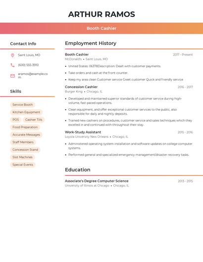 Booth Cashier Resume