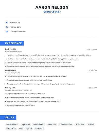 Booth Cashier Resume
