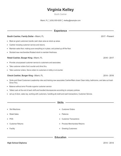 Booth Cashier Resume