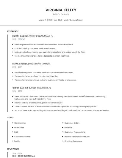 Booth Cashier Resume