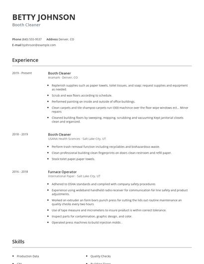 Booth Cleaner Resume