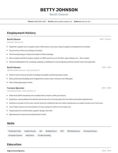 Booth Cleaner Resume