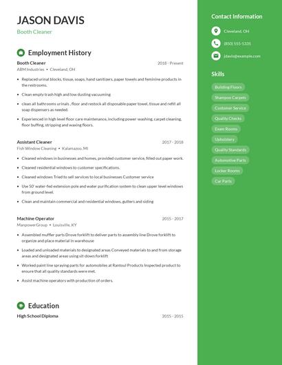 Booth Cleaner Resume