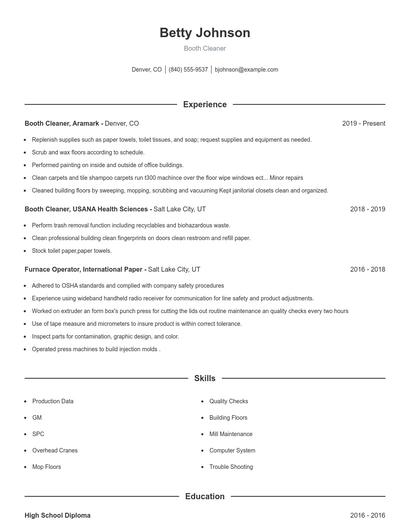 Booth Cleaner Resume