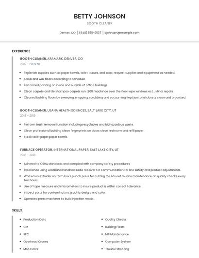 Booth Cleaner Resume