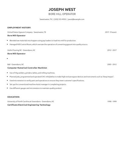 Bore Mill Operator Resume