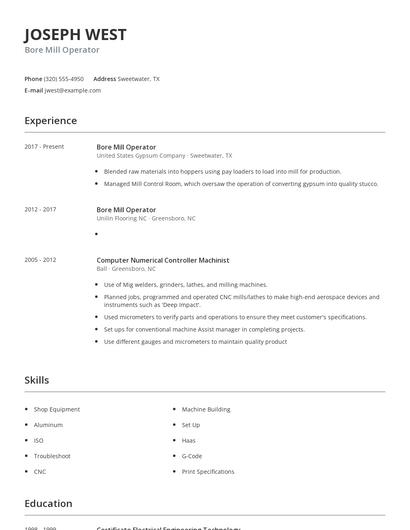 Bore Mill Operator Resume