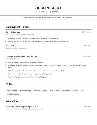 Bore Mill Operator Resume