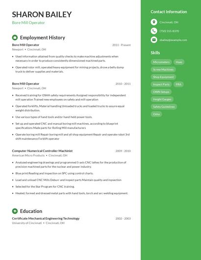 Bore Mill Operator Resume