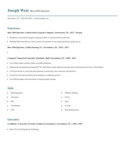 Bore Mill Operator Resume