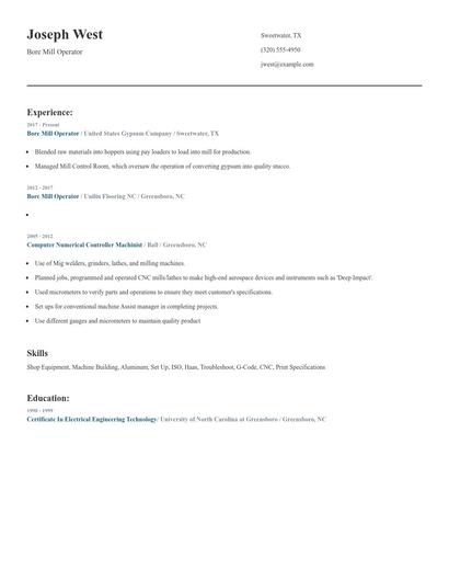 Bore Mill Operator Resume