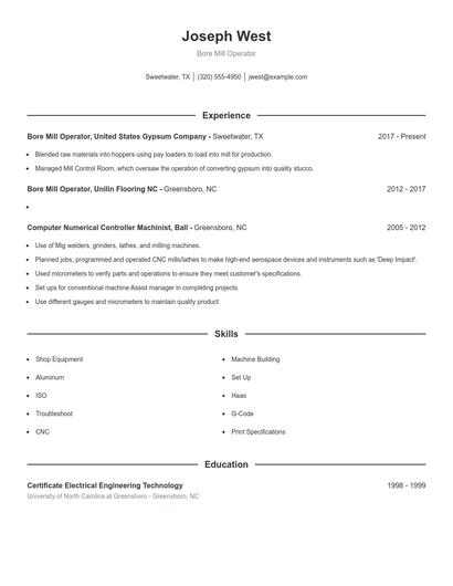 Bore Mill Operator Resume