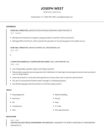 Bore Mill Operator Resume