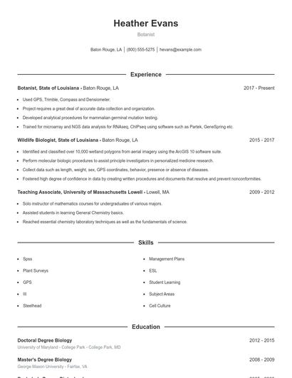 Botanist Resume