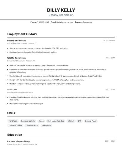 Botany Technician Resume
