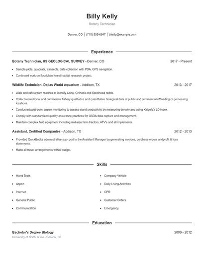 Botany Technician Resume