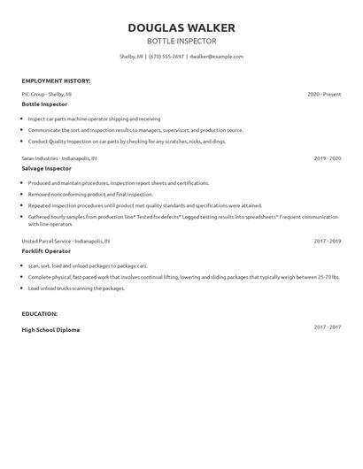 Bottle Inspector Resume