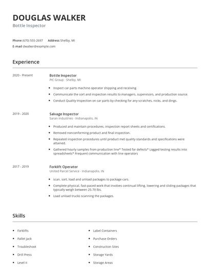 Bottle Inspector Resume