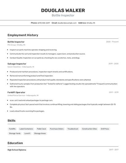 Bottle Inspector Resume