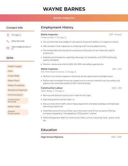 Bottle Inspector Resume
