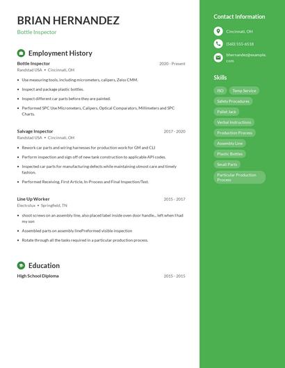 Bottle Inspector Resume