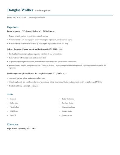Bottle Inspector Resume