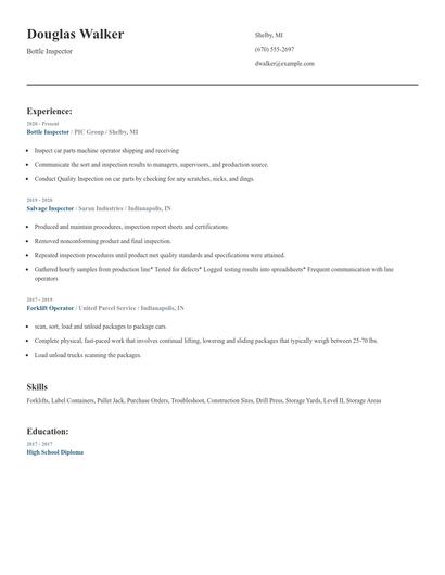 Bottle Inspector Resume