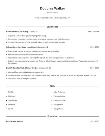 Bottle Inspector Resume