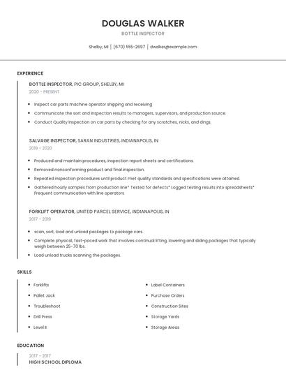 Bottle Inspector Resume