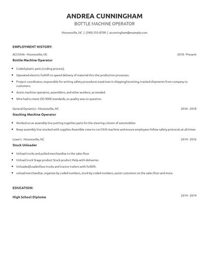 Bottle Machine Operator Resume