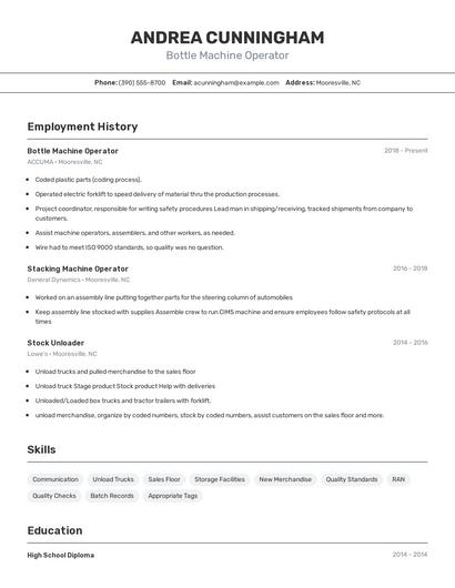 Bottle Machine Operator Resume