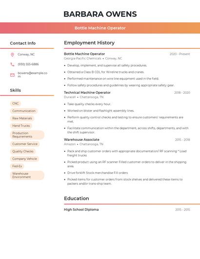 Bottle Machine Operator Resume