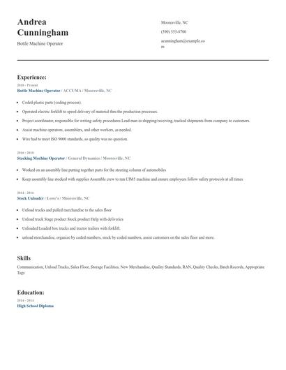Bottle Machine Operator Resume