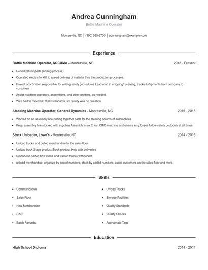 Bottle Machine Operator Resume