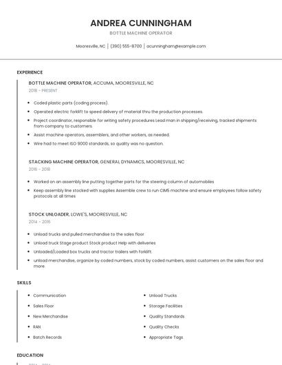Bottle Machine Operator Resume