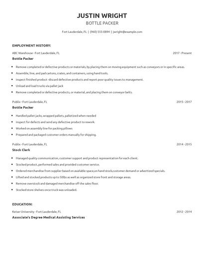 Bottle Packer Resume
