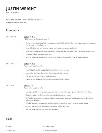 Bottle Packer Resume