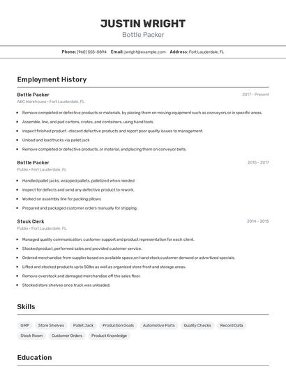 Bottle Packer Resume