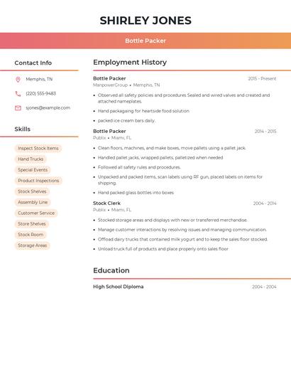 Bottle Packer Resume