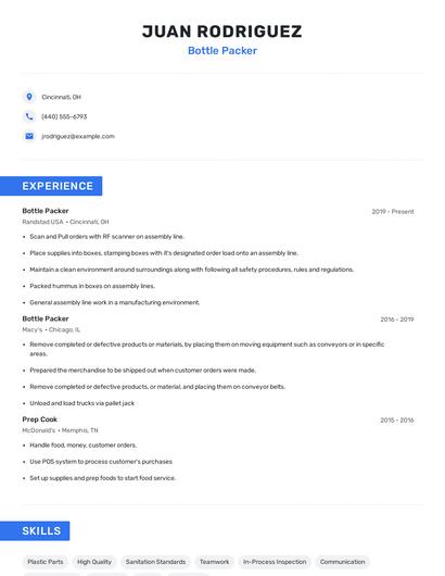 Bottle Packer Resume