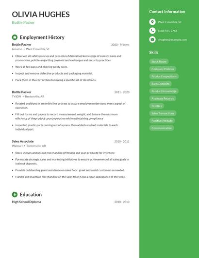 Bottle Packer Resume