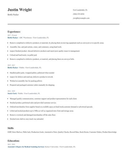 Bottle Packer Resume