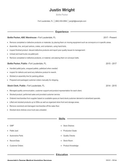 Bottle Packer Resume