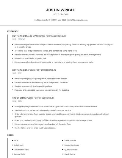 Bottle Packer Resume
