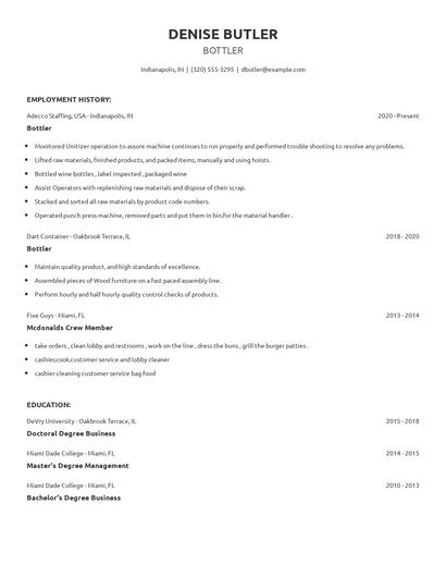 Bottler Resume