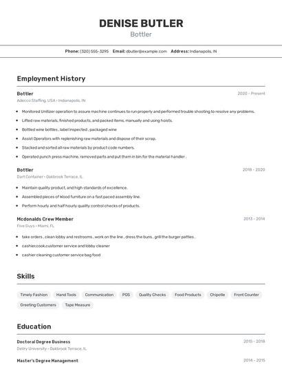 Bottler Resume