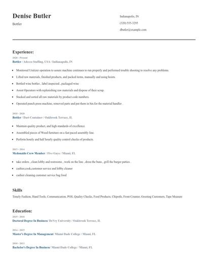 Bottler Resume