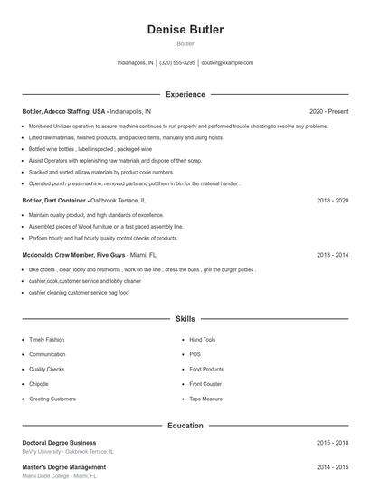 Bottler Resume